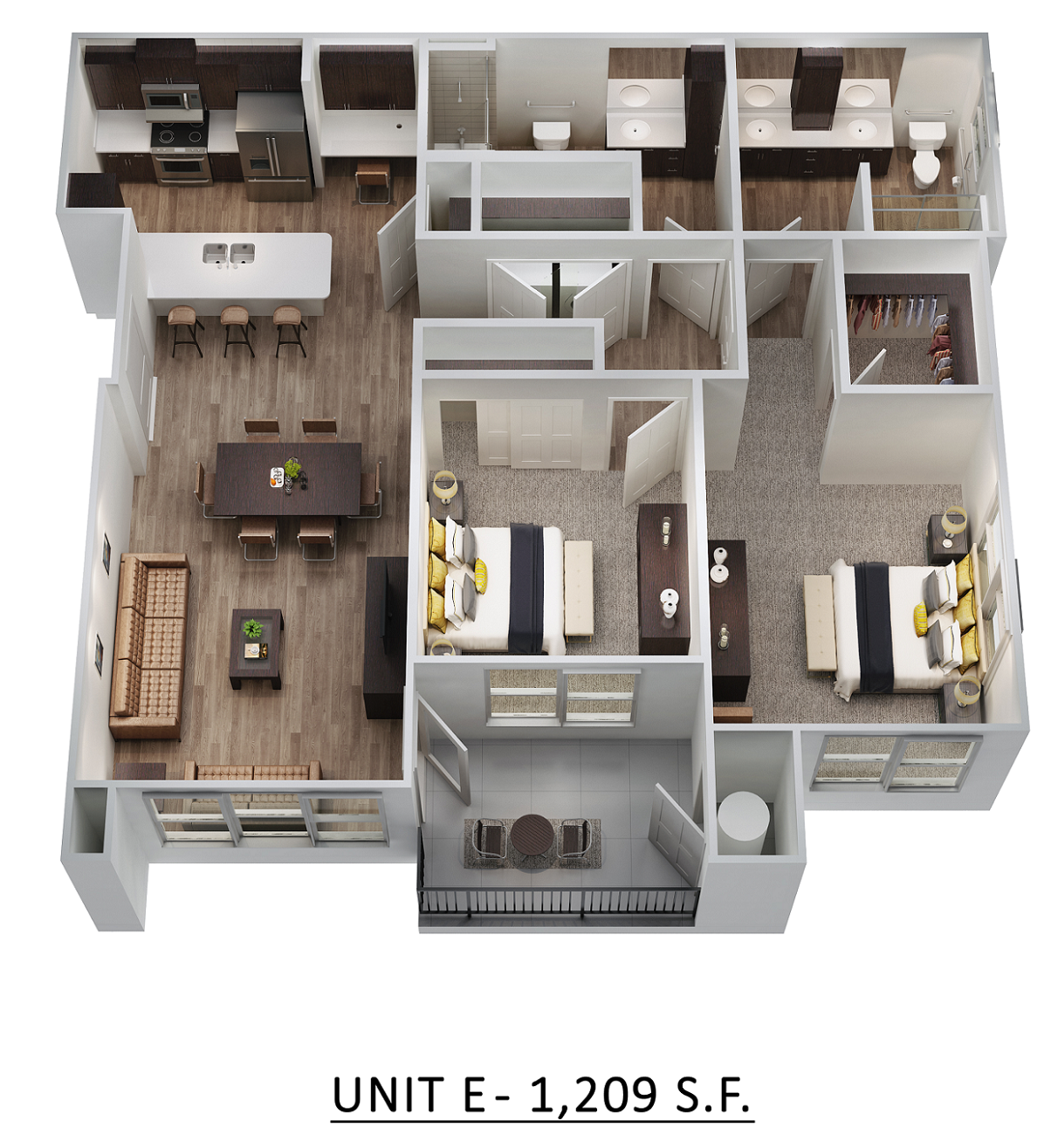 Floor plan for 2 beds, 2 baths, 1209 sqft